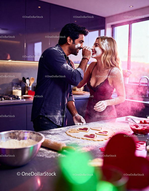 Couple Playfully Baking Heart-Shaped Cookies Together