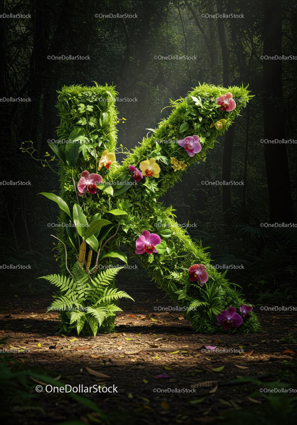 Green Natural Letter K Made of Lush Plants and Orchids