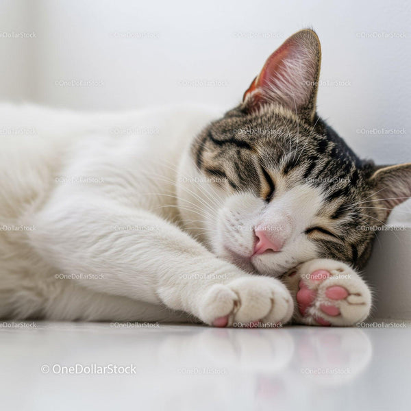 Peaceful tabby cat sleeping with paws curled close