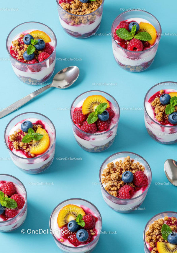 Fresh berry and yogurt parfaits arranged on blue surface