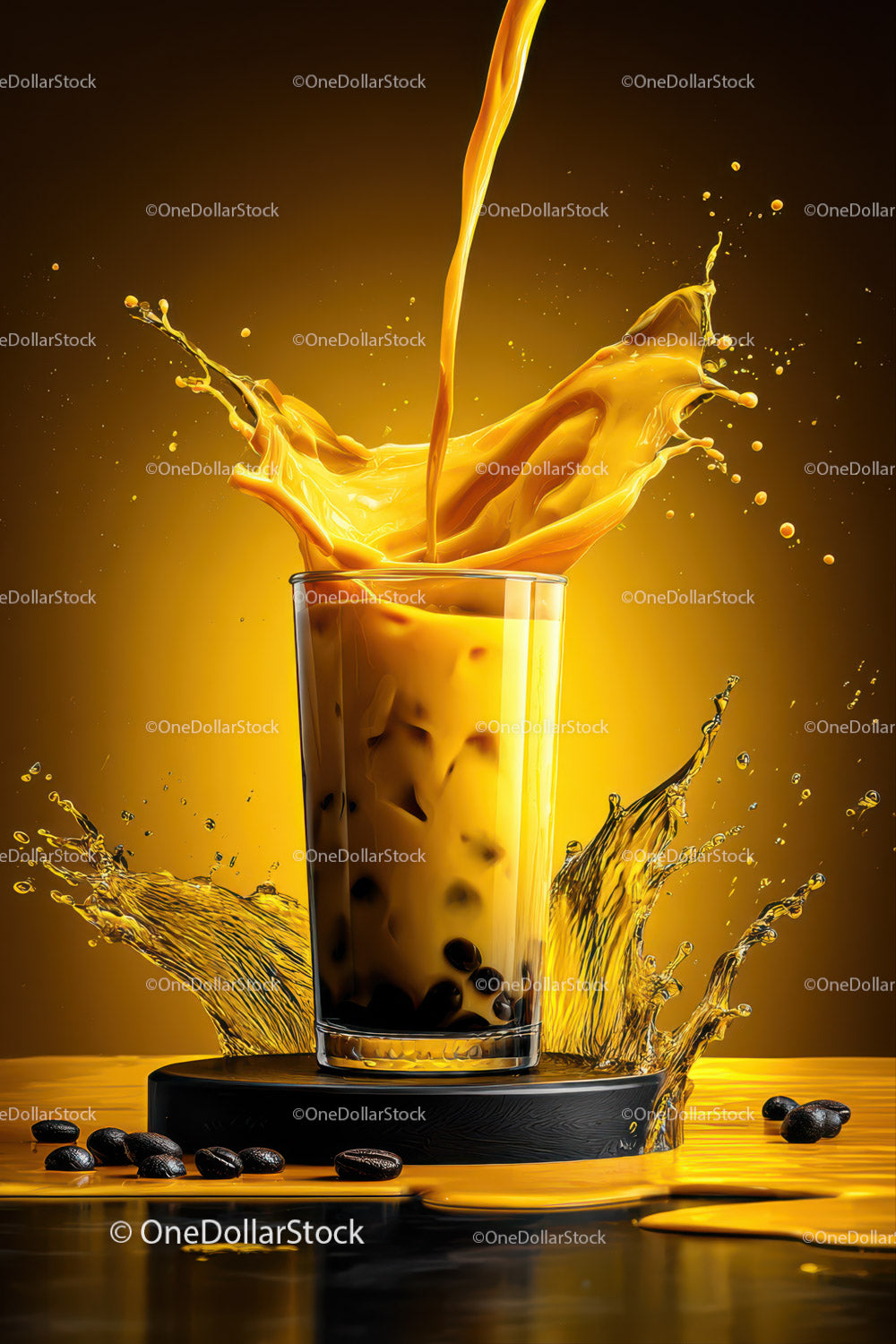 Cold Bubble Tea with Coffee Pearls and Yellow Liquid Splash