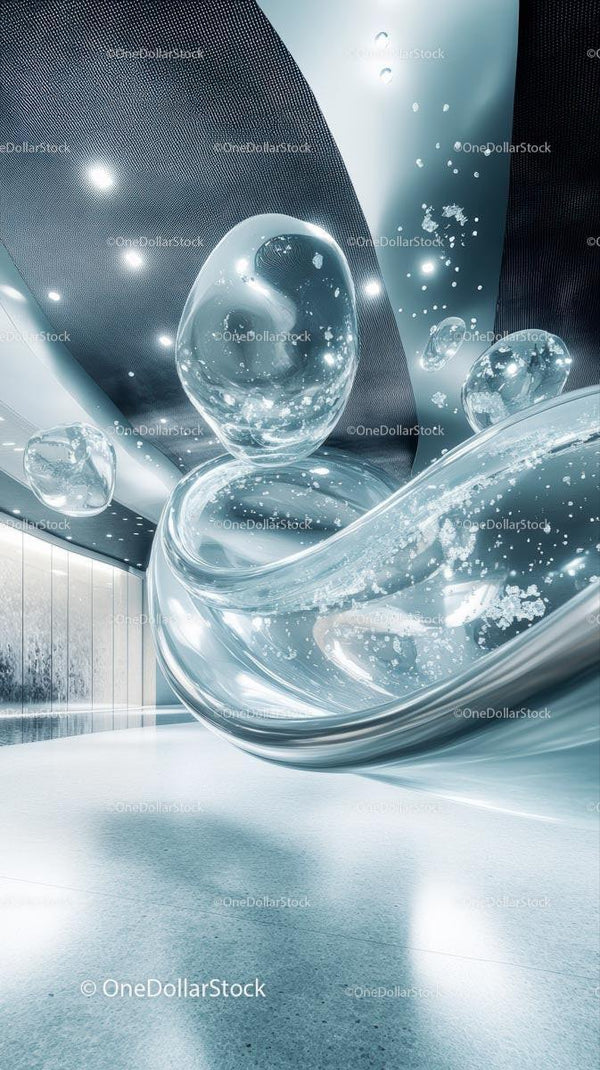 Futuristic Water Sculpture with Flowing Liquid and Glass Bubbles