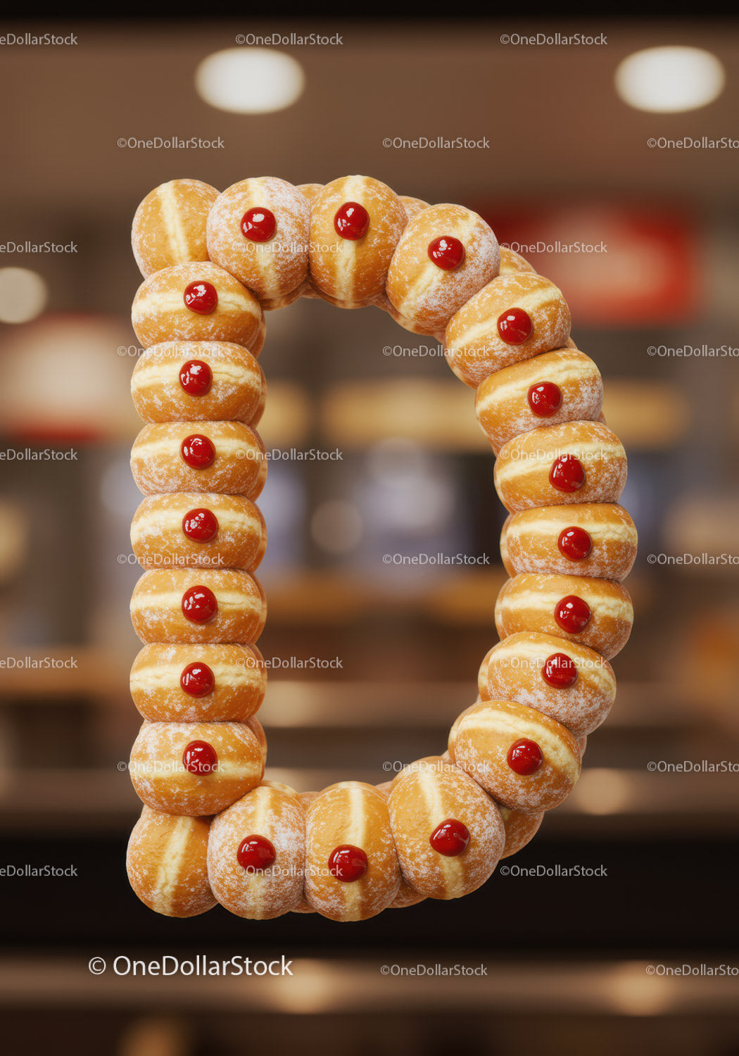 Circle of jelly-filled doughnuts with powdered sugar