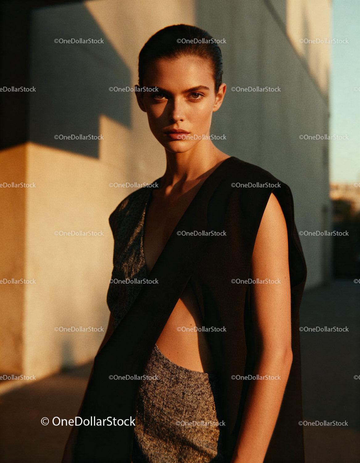 Serious woman in modern outfit standing in warm light