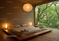 Minimalist bedroom with large window and forest view