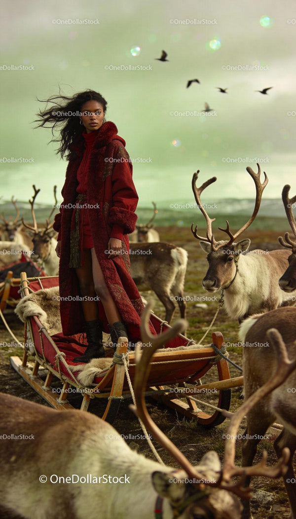 Stylish woman standing on reindeer sled in open landscape
