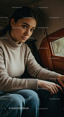 Young Woman Sitting in Airplane Window Seat During Travel