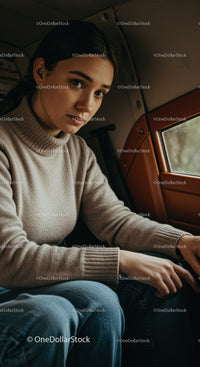 Young Woman Sitting in Airplane Window Seat During Travel