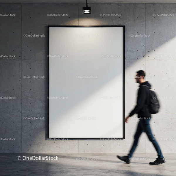 Man walking past large blank poster on concrete wall JPG Mockup Image