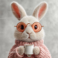 Cute Bunny Wearing Sunglasses and Cozy Pink Sweater Holding Coffee Mug