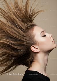 Side profile of young woman with flowing hair