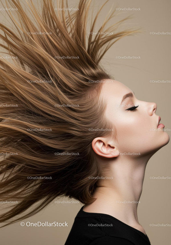 Side profile of young woman with flowing hair