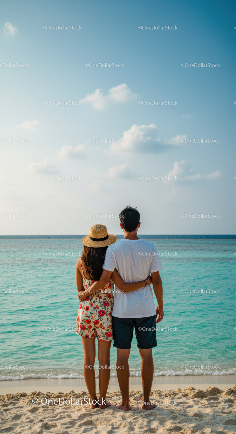 Romantic Couple Standing on the Beach Watching the Sea and Horizon