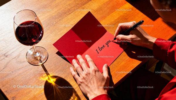 Man writing I love you note beside glass of red wine