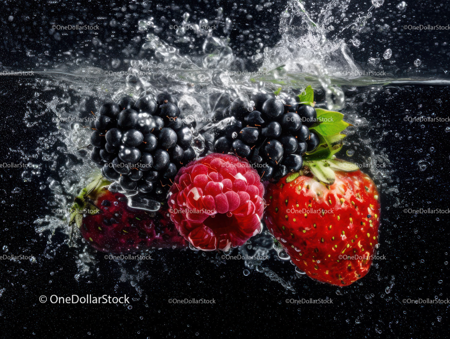 Strawberries, Blackberries and Raspberry Splashing into Water