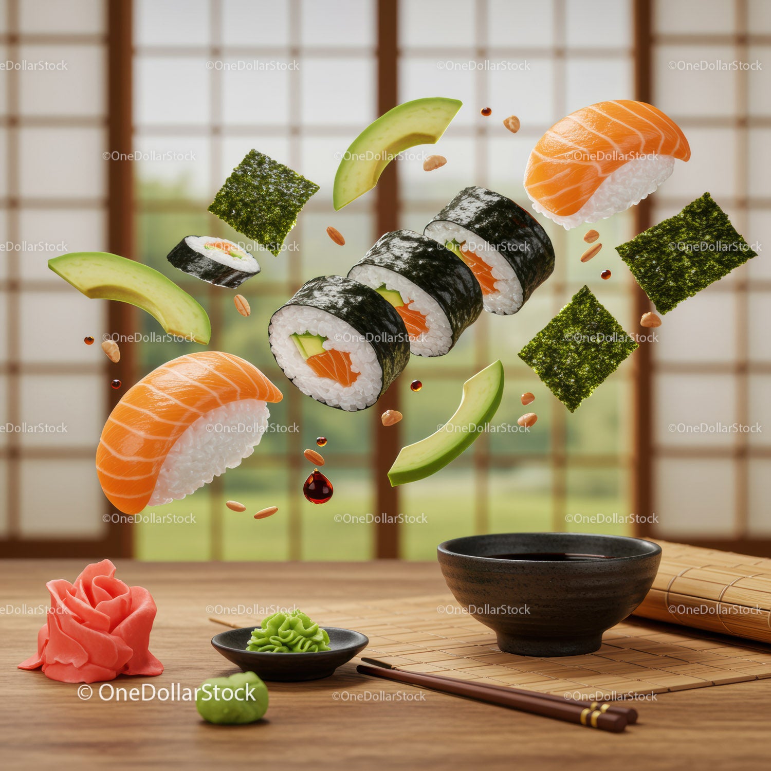 Różnorodne świeże sushi i składniki unoszące się nad stołem