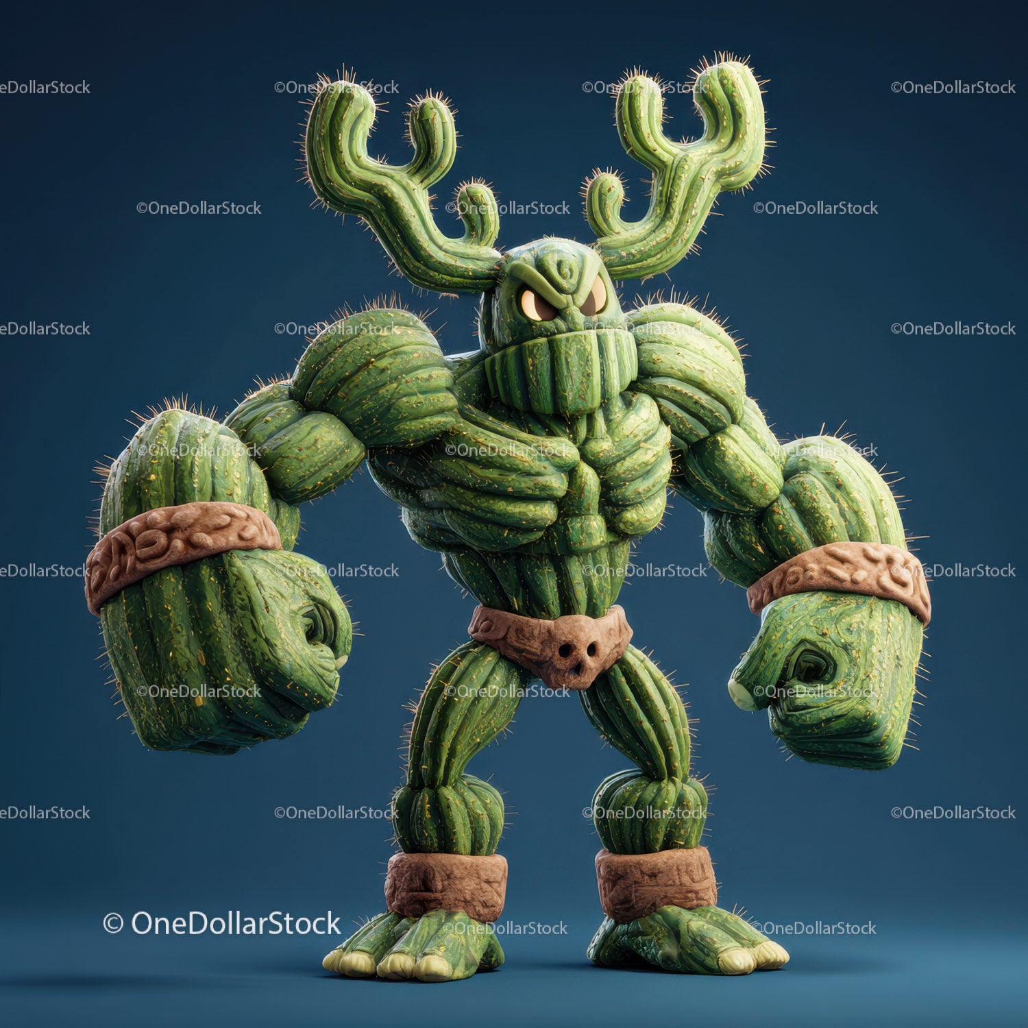 Vibrant Green Anthropomorphic Cactus Character with Muscular Build