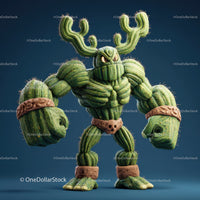 Vibrant Green Anthropomorphic Cactus Character with Muscular Build