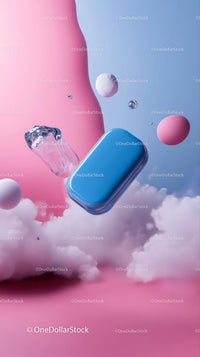 Vibrant Blue Soap Bar and Ice Cube Floating in Surreal Scene