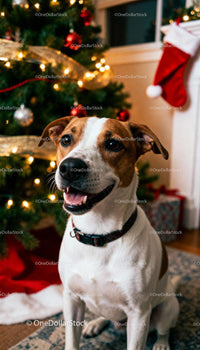 Happy dog sitting near festive decorated Christmas tree