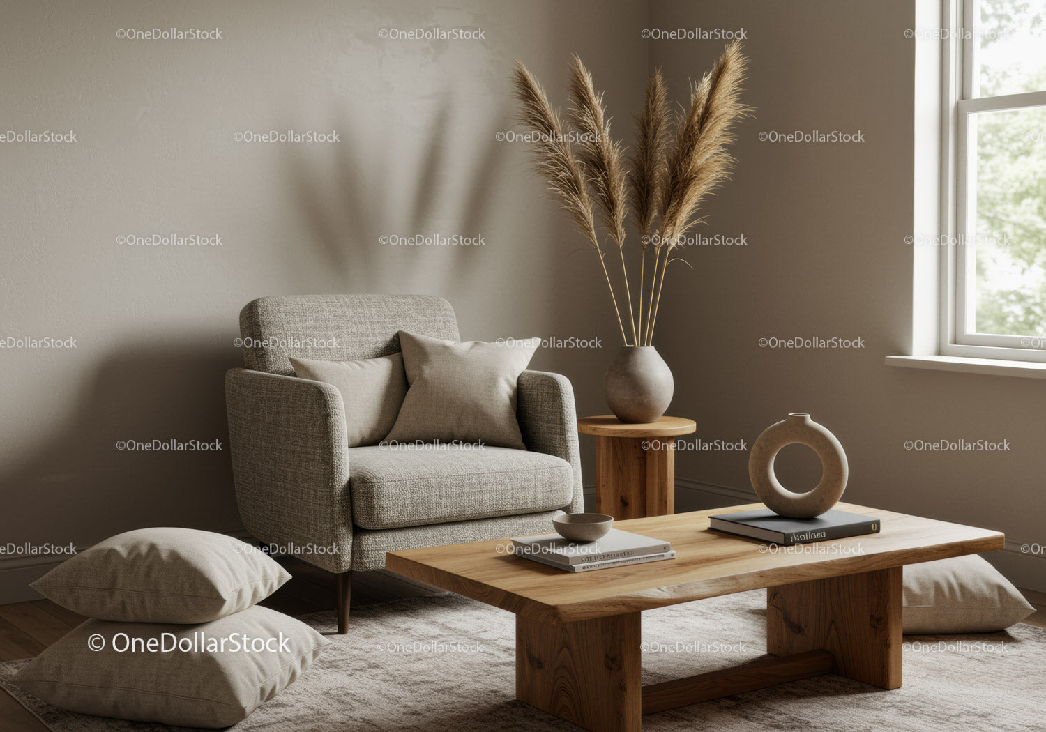 Minimalistyczny, przytulny salon w neutralnych barwach i naturalnym wystroju