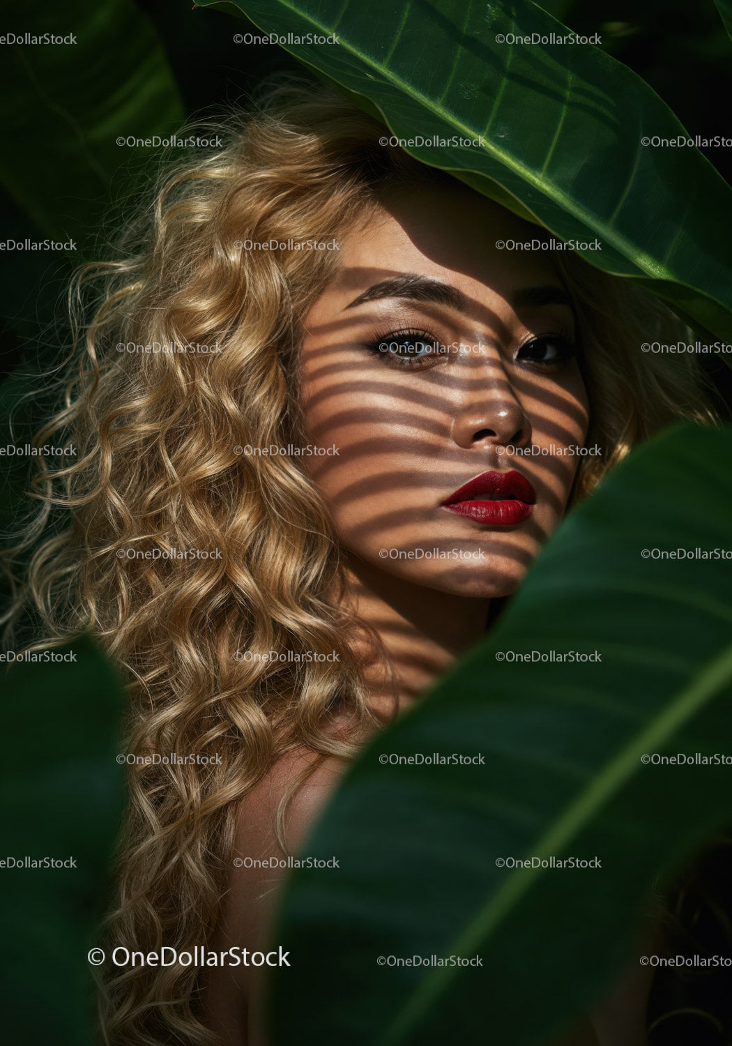 Glamorous Woman with Curly Blonde Hair Among Tropical Leaves