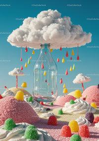 Whimsical candy landscape with floating cloud and glass bottle