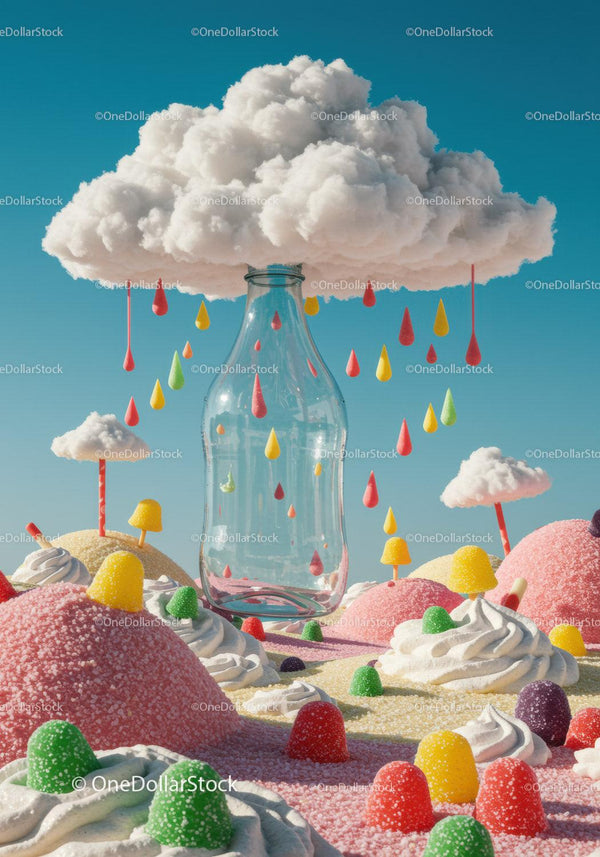 Whimsical candy landscape with floating cloud and glass bottle
