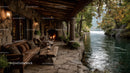 Rustic Riverside Cabin with Stone Fireplace Surrounded by Autumn Foliage