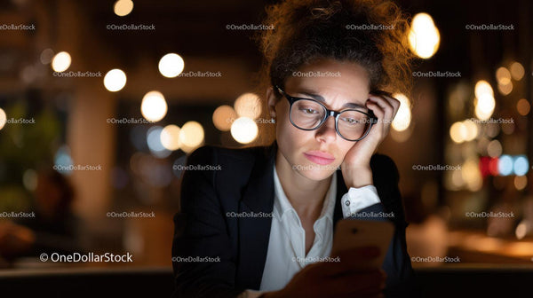 Young Woman with Glasses Using Smartphone At Night