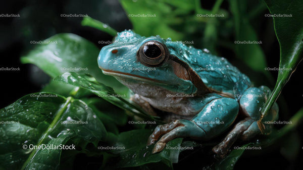 Vibrant Blue Frog on Green Leaf in Tropical Rainforest