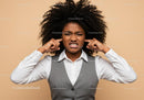Frustrated Woman Covering Ears with Annoyed Expression