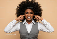 Frustrated Woman Covering Ears with Annoyed Expression
