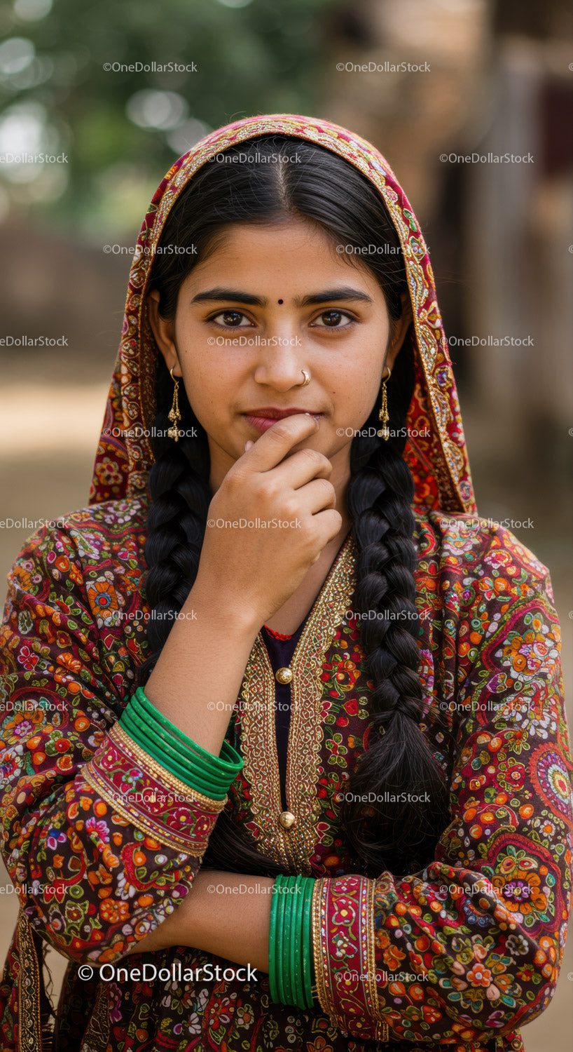 Young woman in vibrant traditional Indian dress with jewelry outdoors