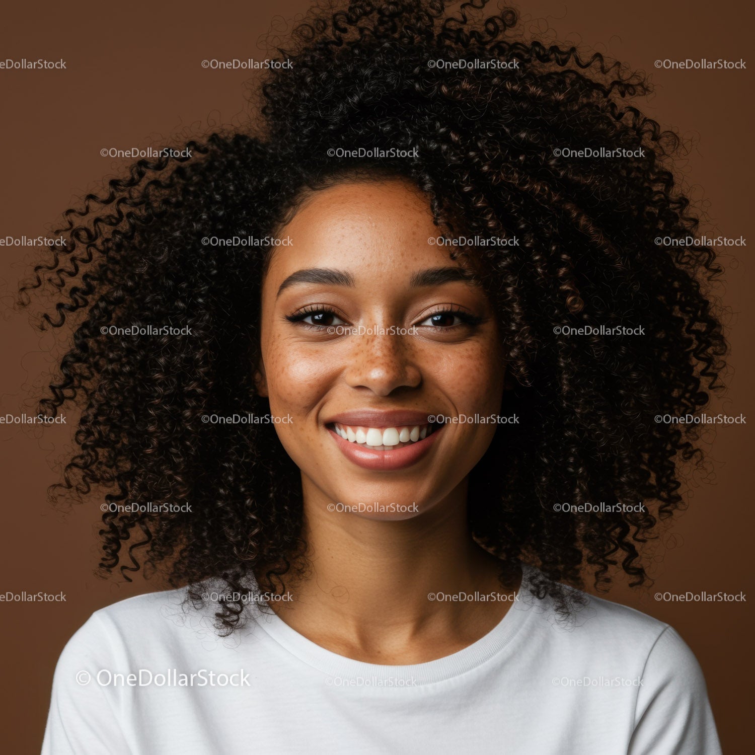 Portrait of a Happy Woman with Curly Hair and Charismatic Smile