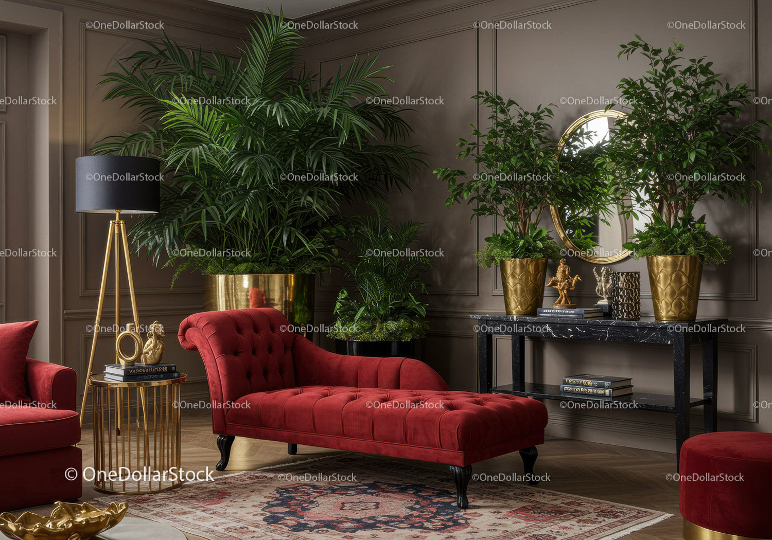 Elegant red chaise lounge in stylish living room interior
