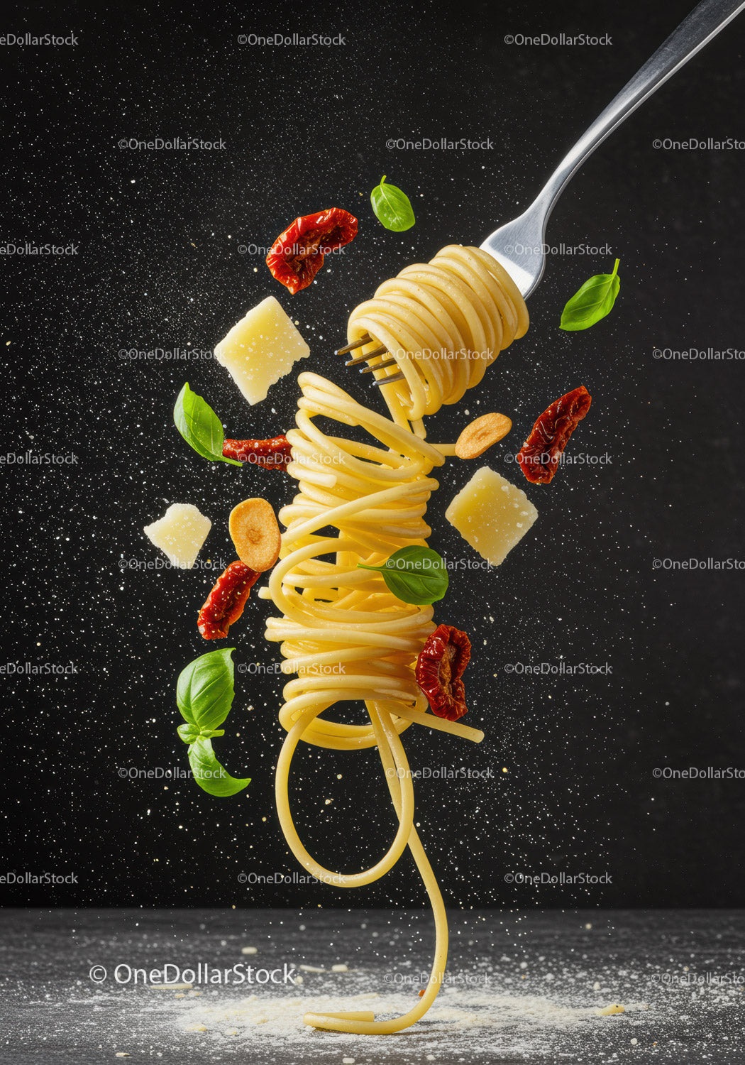 Skręcany widelec do spaghetti z parmezanem i bazylią