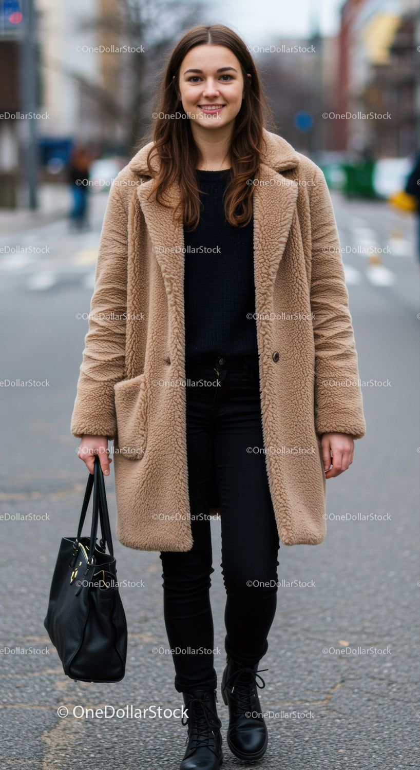 Young Woman in Cozy Coat Walking on City Street with Confidence
