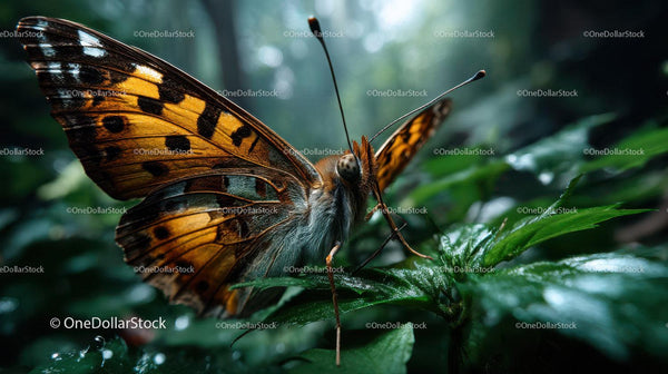 Colorful Butterfly with Detailed Wings on Green Leaf in Natural Environment