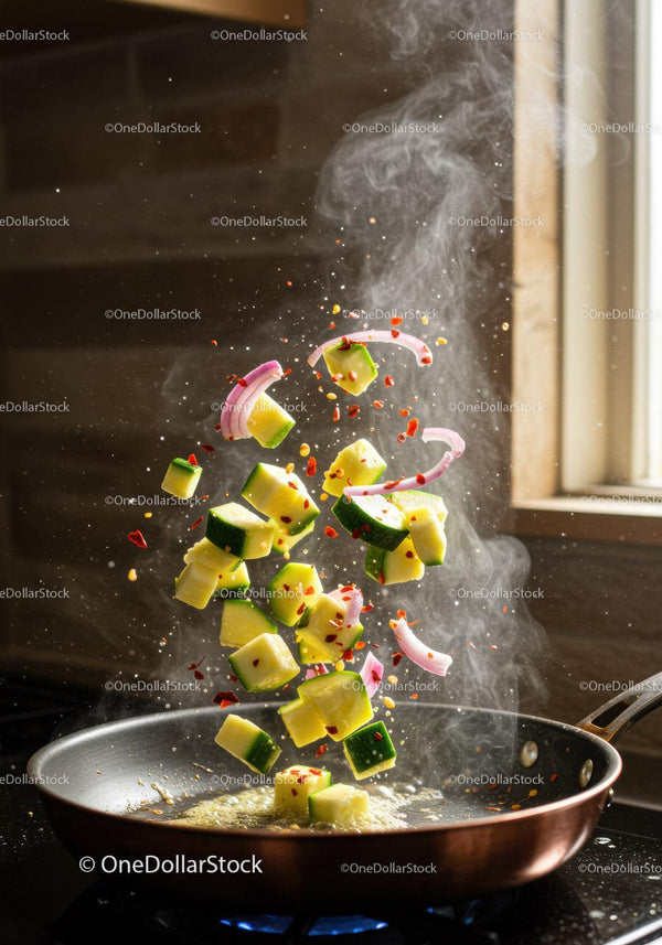 Fresh vegetables tossed in hot frying pan with steam