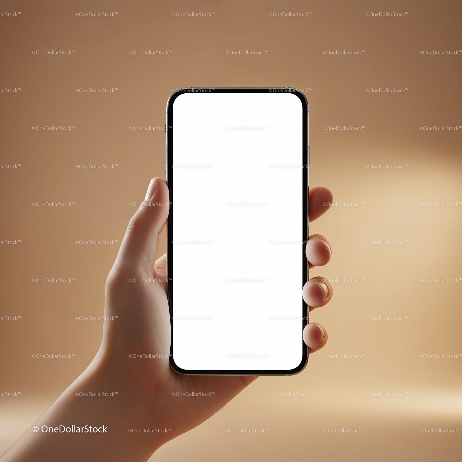 Ręka trzymająca smartfon z pustym, białym ekranem