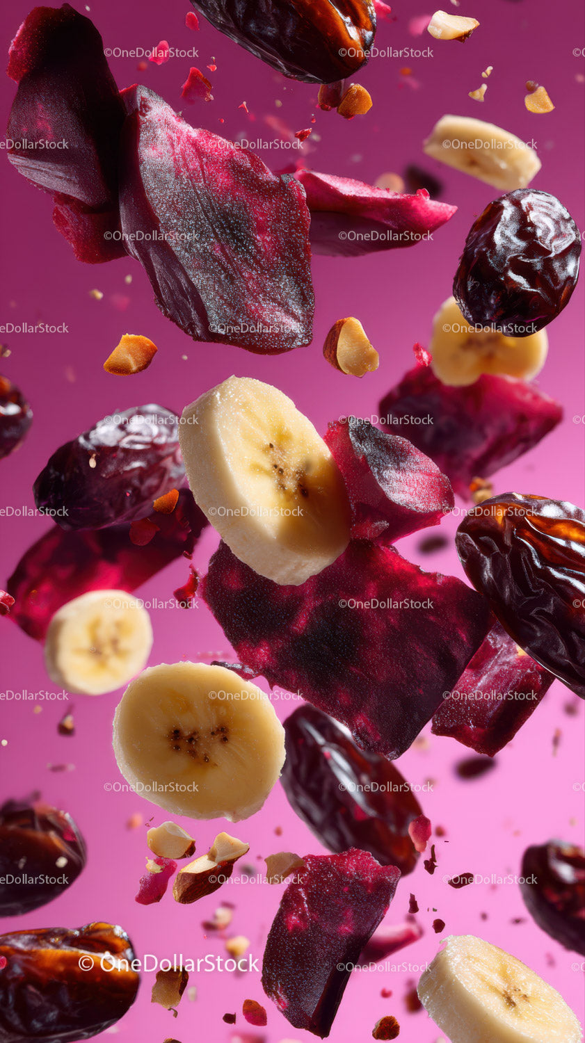 Colorful Assortment of Dried Fruits and Nuts Falling Against Pink Background