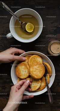 Hands Holding a Bowl of Mini Pancakes with Tea and Coffee