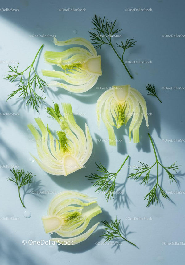 Fresh fennel bulb slices with green dill leaves