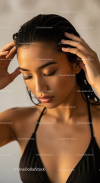 Elegant Woman with Smooth Skin and Relaxed Expression in Studio