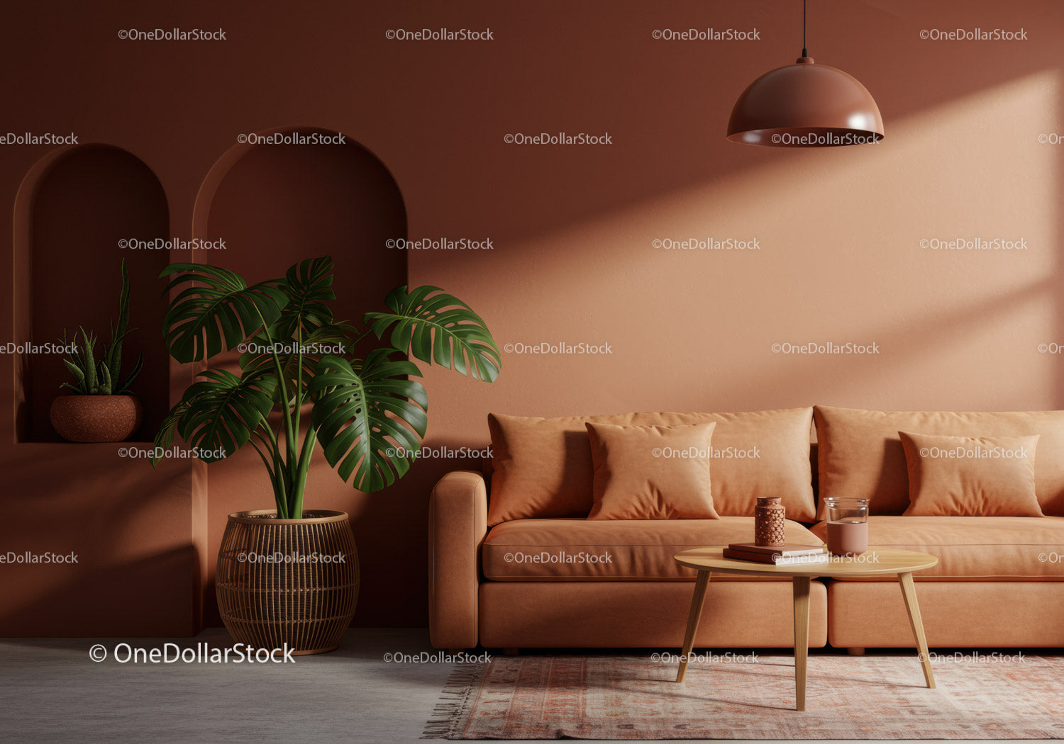 Nowoczesny salon z różową sofą i zieloną rośliną Monstera