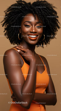 Vibrant African American Woman with Curly Hair in Orange Dress