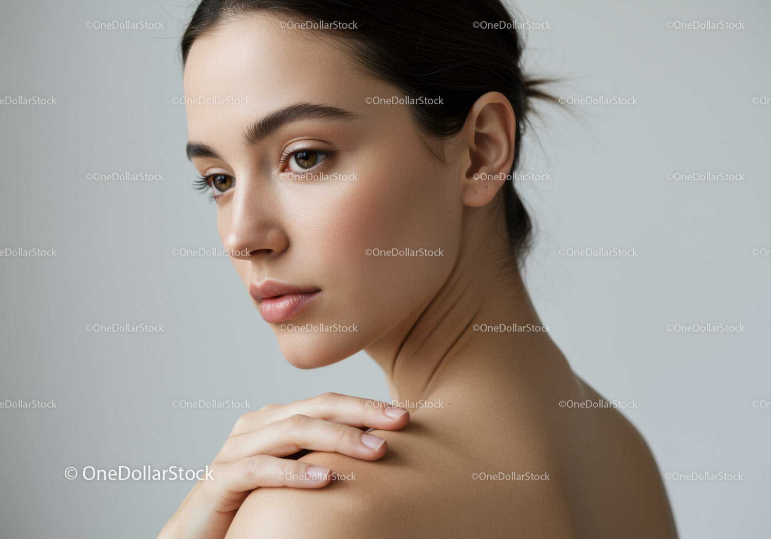 Close-Up Portrait of a Woman with Elegant Facial Features and Clear Skin