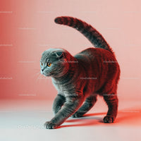 Playful Grey Tabby Cat in a Dynamic Pose with Striped Fur