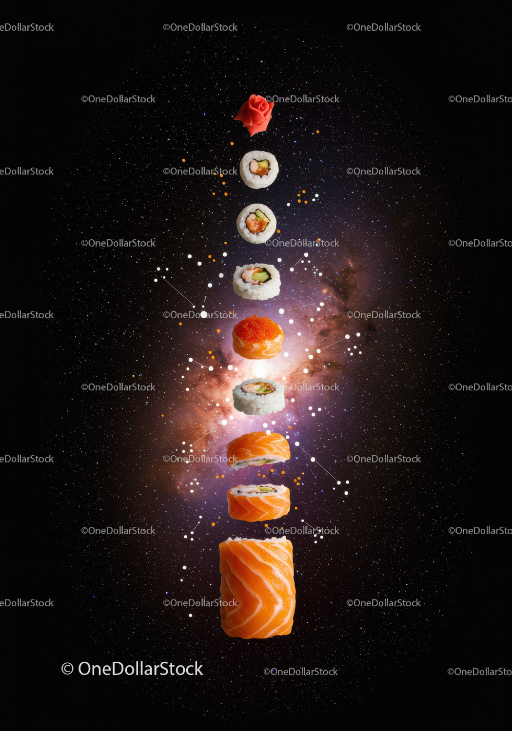 Składniki na pływającą rolkę sushi z łososiem na tle galaktyki